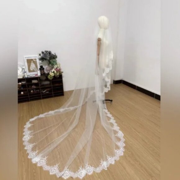 Chic Ivory Lace Wedding Veil - Picture 1 of 7